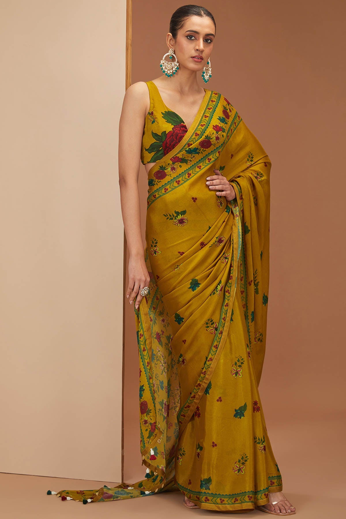 Designer Neha Khullar Yellow Printed Saree & Blouse for Women Online